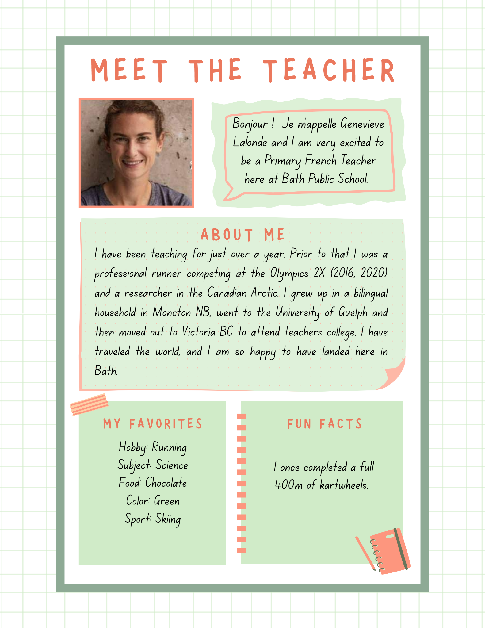 Pastel Green and Orange Meet the Teacher Introduction Flyer